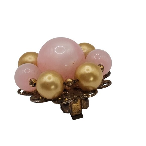 Vintage Pink & Gold Toned Cluster Floral Round Clip On Non Pierced Ear Earrings - Picture 8 of 9